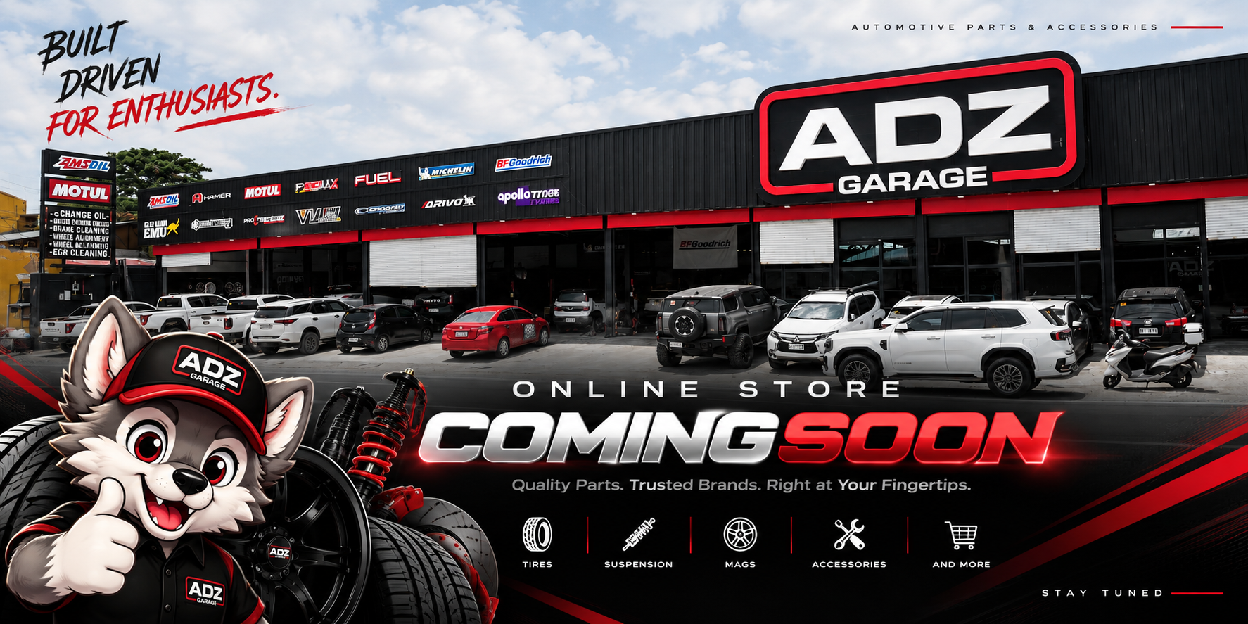 ADZ Garage - Built. Driven. For Enthusiasts. Online Store Coming Soon. Quality Parts. Trusted Brands. Right at Your Fingertips. Tires, Suspension, Mags, Accessories and more. Stay Tuned.
